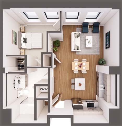 A modern, white-walled apartment with a kitchen, living room, and bathroom.